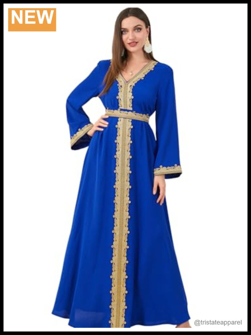 Muslim Kaftan Abaya Moroccan Long Sleeve V Neck Lace Belted Maxi Dress